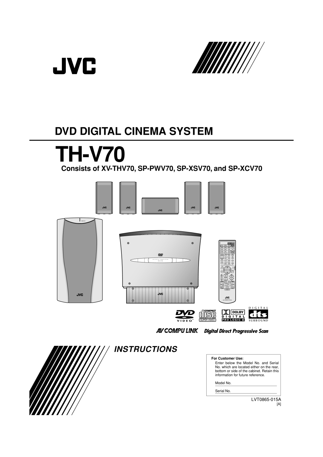 JVC manual Consists of XV-THV70, SP-PWV70, SP-XSV70, and SP-XCV70, TH-V70, Dvd Digital Cinema System, Instructions 