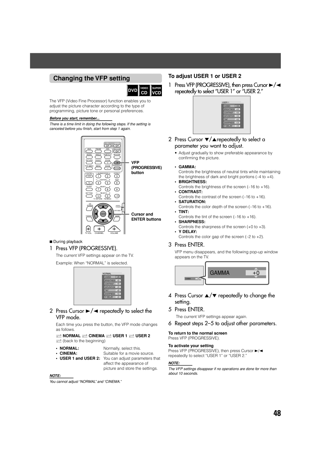 JVC SP-PWV70 Changing the VFP setting, Press VFP PROGRESSIVE, Press Cursor 3/2 repeatedly to select the VFP mode, GAMMA +0 