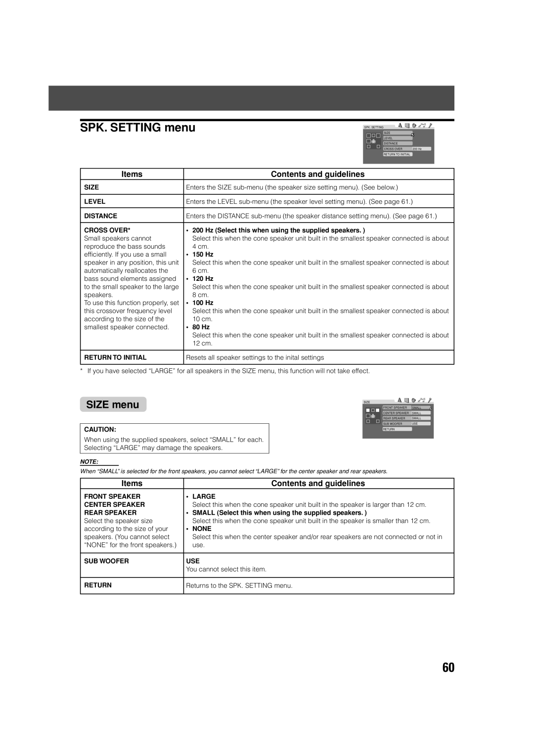 JVC SP-PWV70, SP-XSV70 manual SPK. SETTING menu, SIZE menu, Items, Contents and guidelines 