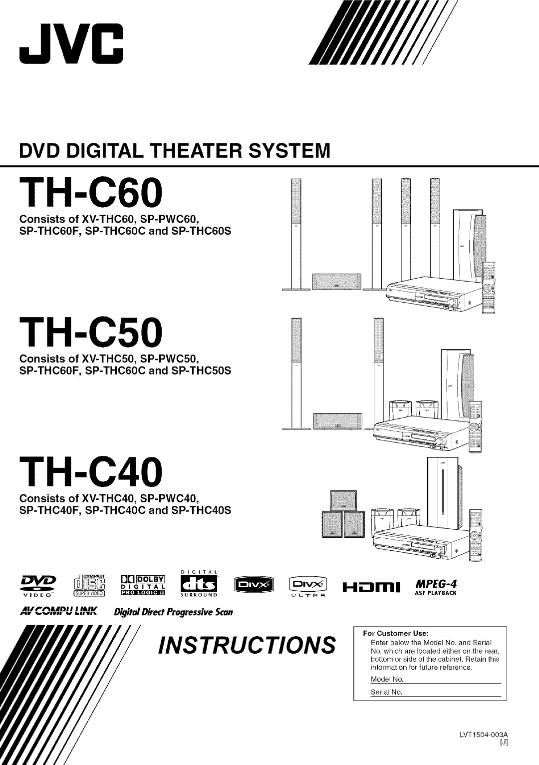 JVC SP-THC60F, SP-THC60S, SP-THC40S, SP-THC40F, SP-THC40C, SP-THC60C, SP-THC50S, SP-PWC40, SP-PWC60 manual Jvc, For Customer Use 