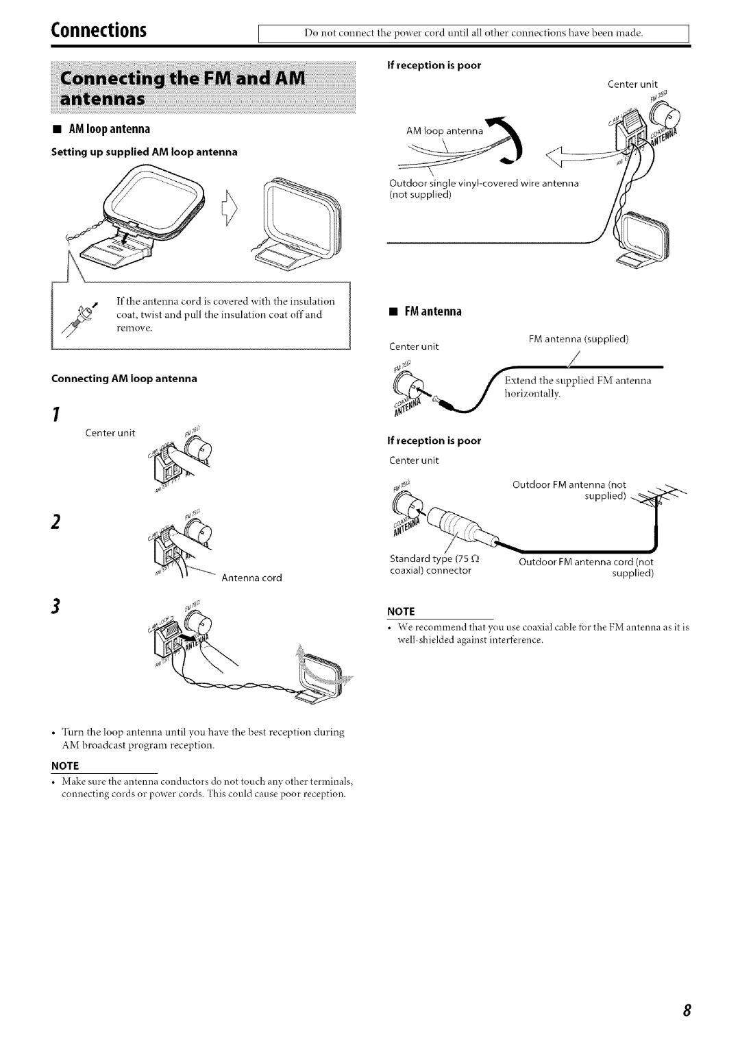 JVC SP-THC60S, SP-THC60F, SP-THC40S AMloopantenna, FMantenna, If reception Is poor, Setting up supplied AM loop antenna 