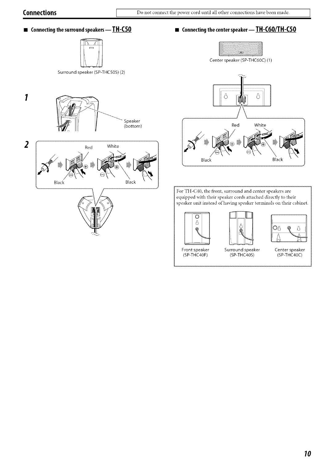 JVC SP-THC40S, SP-THC60S, SP-THC60F Connectingthe centerspeaker--TH-C60/TH-C50, Speaker bottom, Center speaker SP-THC60C 