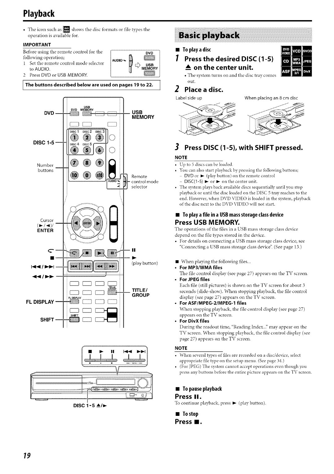 JVC SP-THC60S, SP-THC60F, SP-THC40S, SP-THC40F Placea disc, Press Disc 1-5, with Shift pressed, Press USB Memory, Tostop 