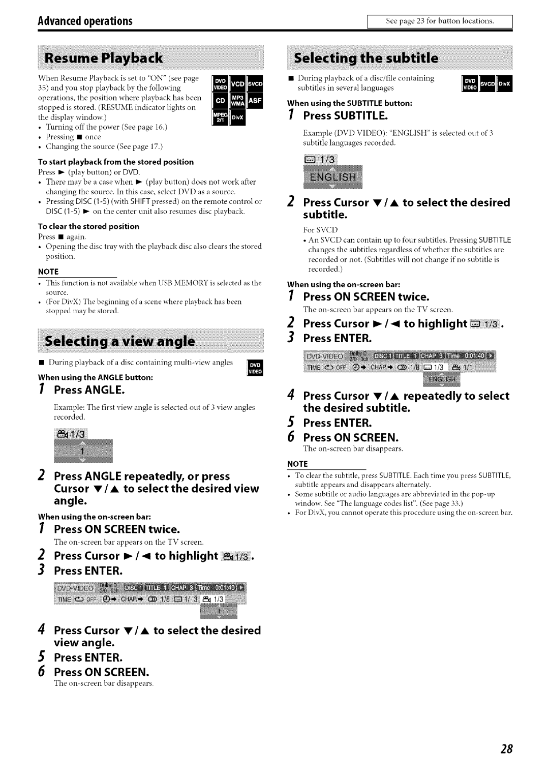 JVC SP-PWC50, SP-THC60S, SP-THC60F Press Cursor I 1 to highlight Press Enter, Press Subtitle, Press Cursor I/ to highlight 