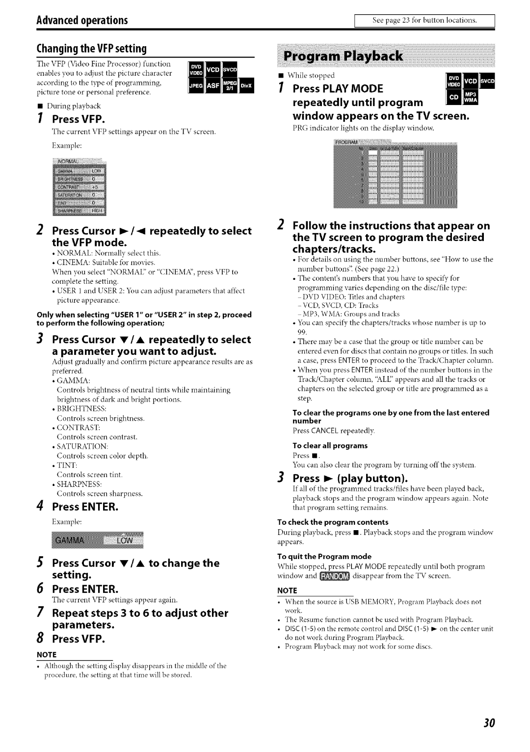 JVC SP-THC60S, SP-THC60F Advanced operations Changing the VFPsetting, Press VFP, VFP mode, Parameter you want to adjust 