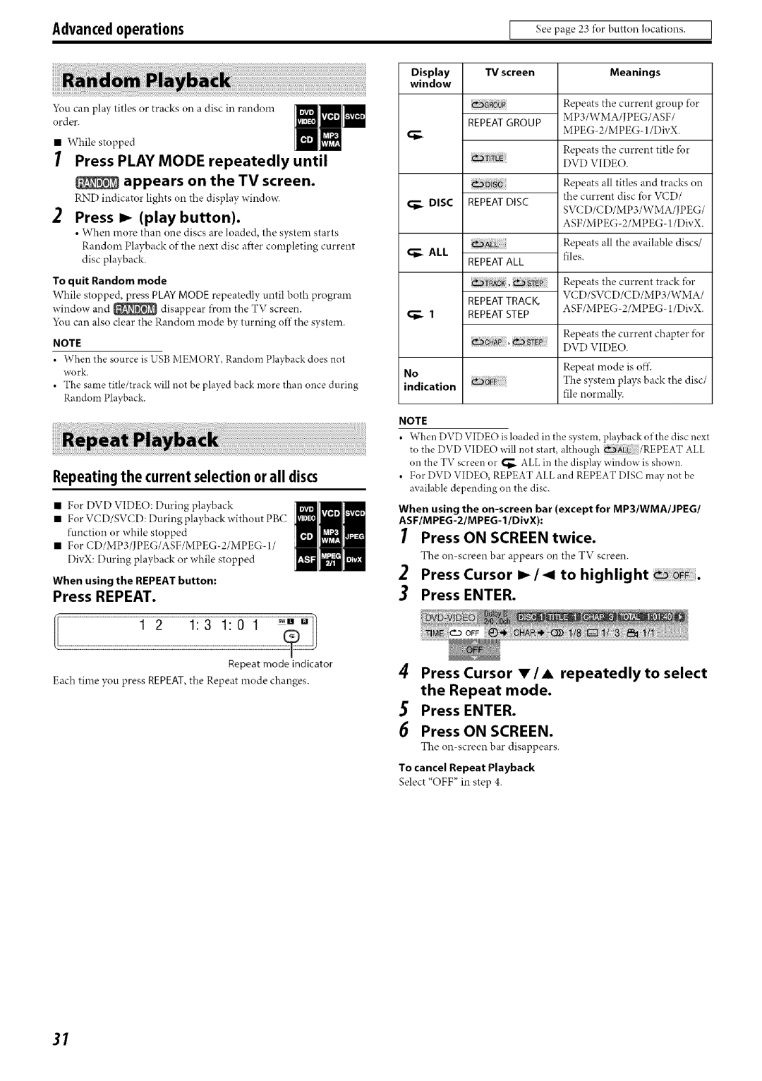 JVC SP-THC60F Press Play Mode repeatedly until Appears on the TV screen, Repeating the current selection or all discs 