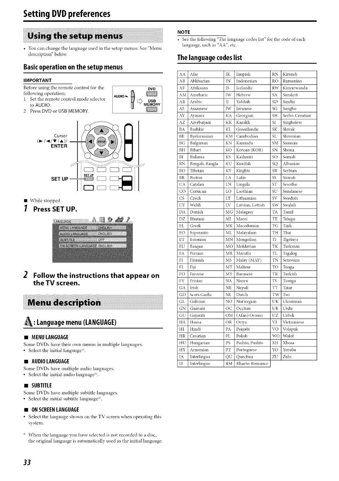 JVC SP-THC40F, SP-THC60S, SP-THC60F, SP-THC40S Setting DVDpreferences, Basicoperation on the setup menus, Language codeslist 