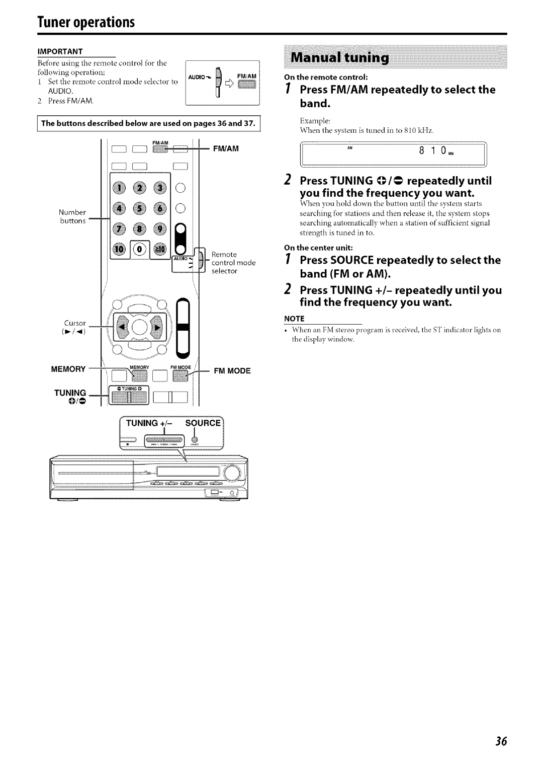 JVC SP-THC50S, SP-THC60S, SP-THC60F manual Tuneroperations, Band FM or AM, Find the frequency you want, Fm/Am, Tuning FM Mode 