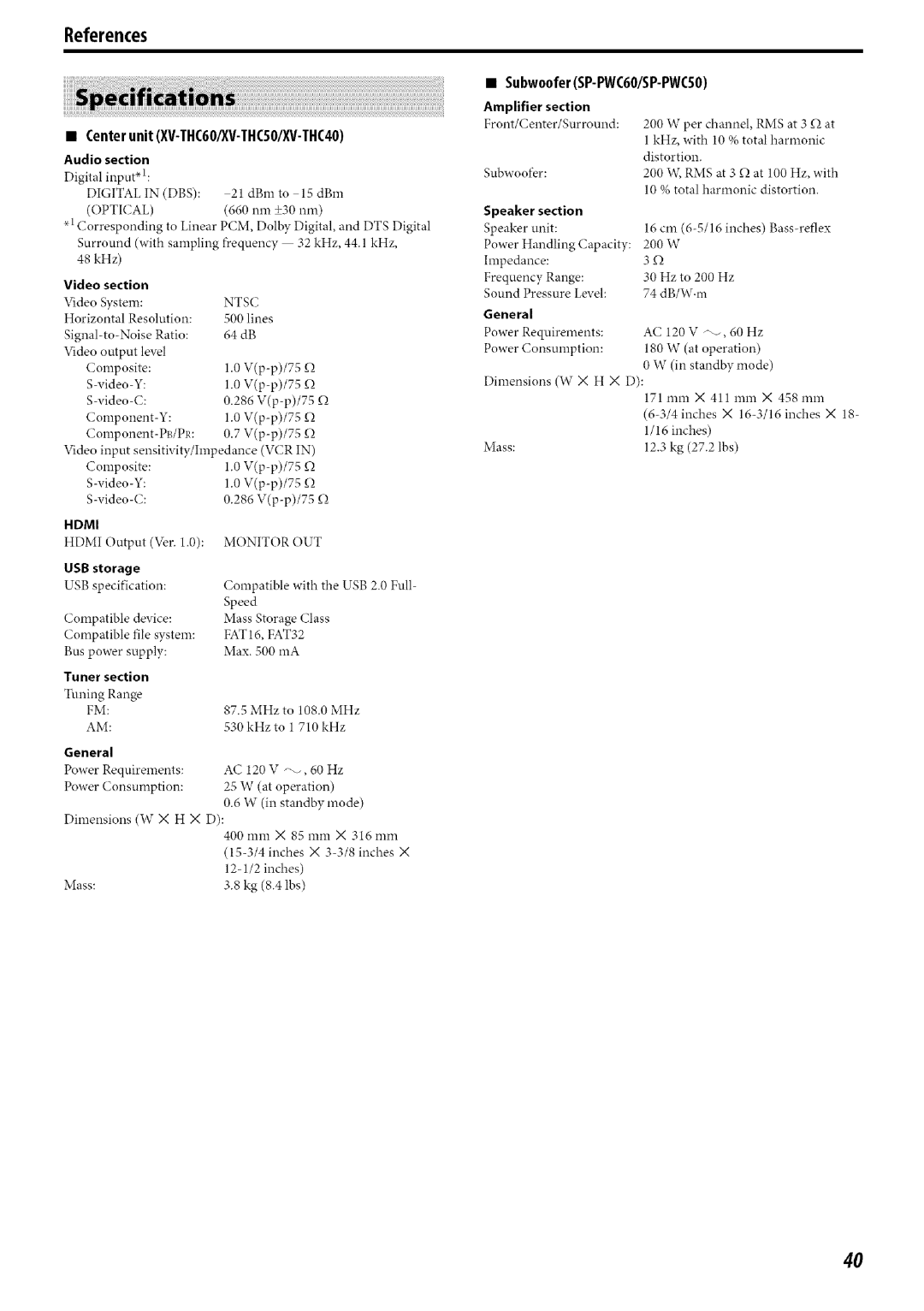 JVC SP-THC60S, SP-THC60F, SP-THC40S manual References, Center unit XV-THC60/XV-THC50/XV-THC40, Subw00ferSP-PWC60/SP-PWCS0 