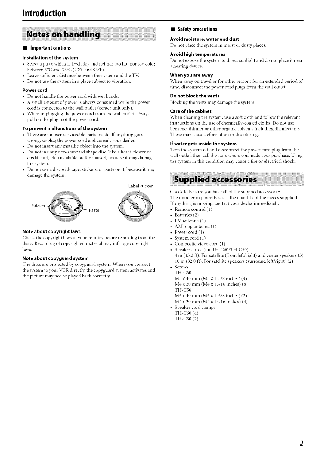 JVC SP-THC60C, SP-THC60S, SP-THC60F, SP-THC40S, SP-THC40F, SP-THC40C manual Introduction, Importantcautions, Safetyprecautions 