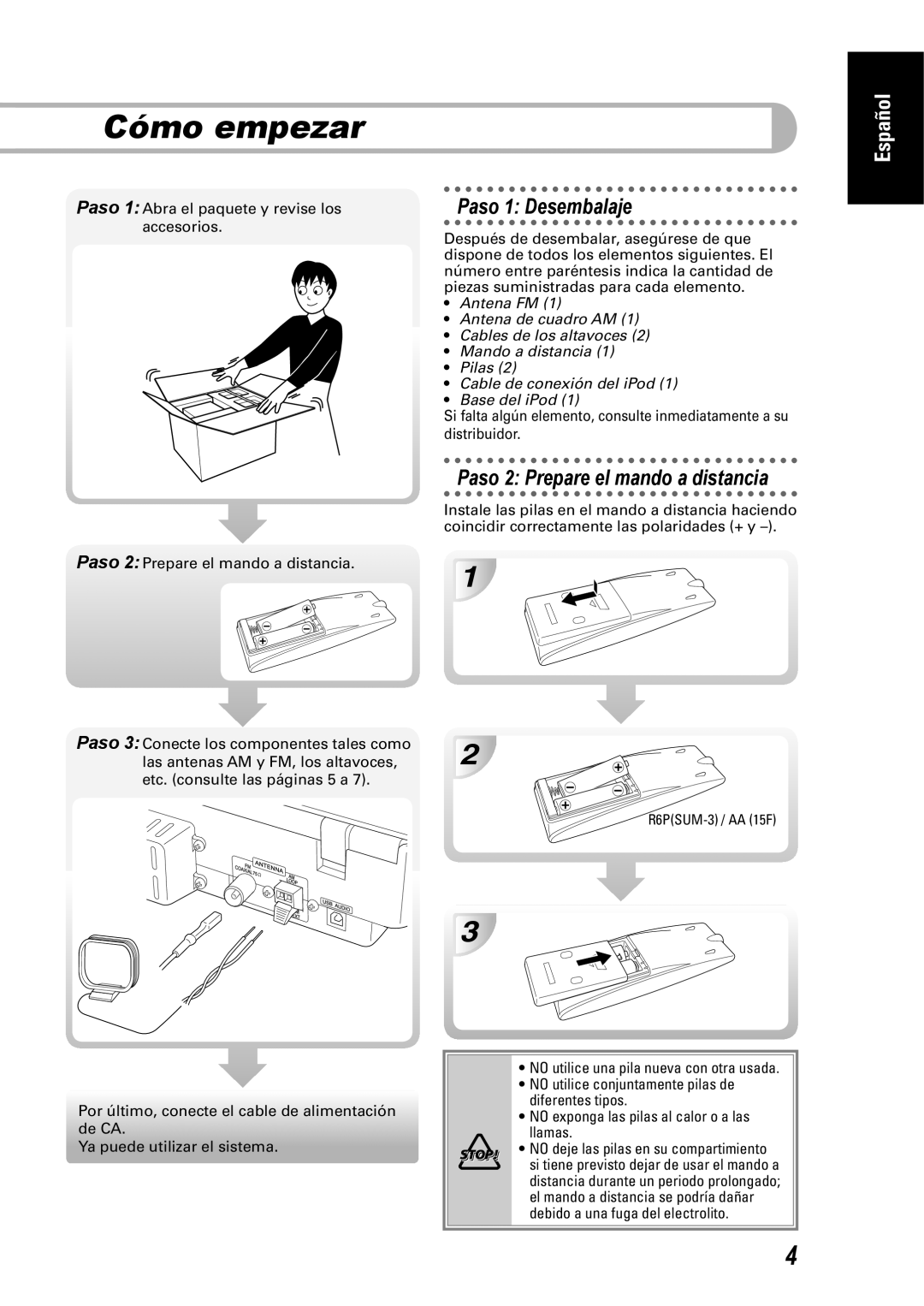 JVC SP-UXEP25, CA-UXEP25 manual Cómo empezar, Paso 1: Desembalaje, Paso 2: Prepare el mando a distancia, Español 