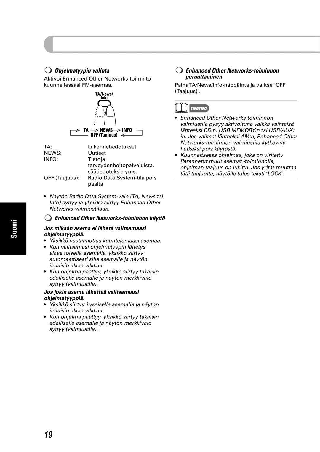 JVC SP-UXEP25 manual Ohjelmatyypin valinta, Enhanced Other Networks-toiminnonkäyttö, TA NEWSINFO OFF Taajuus, Suomi, memo 