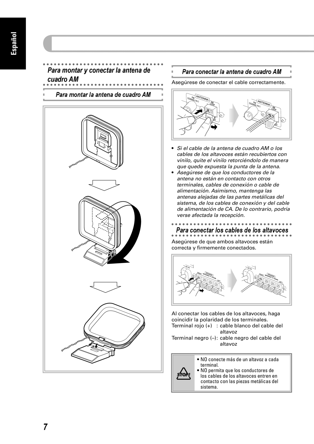 JVC CA-UXEP25, SP-UXEP25 Para montar y conectar la antena de cuadro AM, Para conectar los cables de los altavoces, Español 