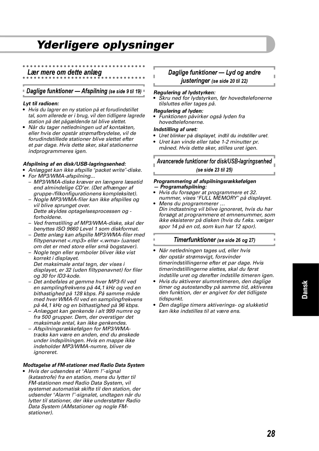 JVC SP-UXEP25 manual Yderligere oplysninger, Lær mere om dette anlæg, Daglige funktioner - Afspilning se side 9 til, Dansk 