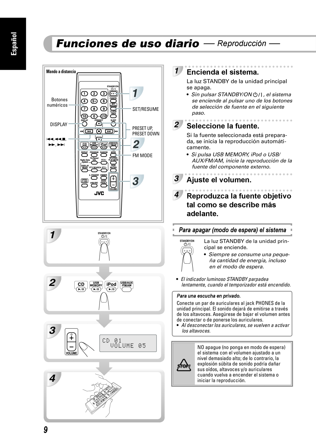 JVC CA-UXEP25 manual Funciones de uso diario - Reproducción, 2 3 4, Para una escucha en privado, Mando a distancia, Español 