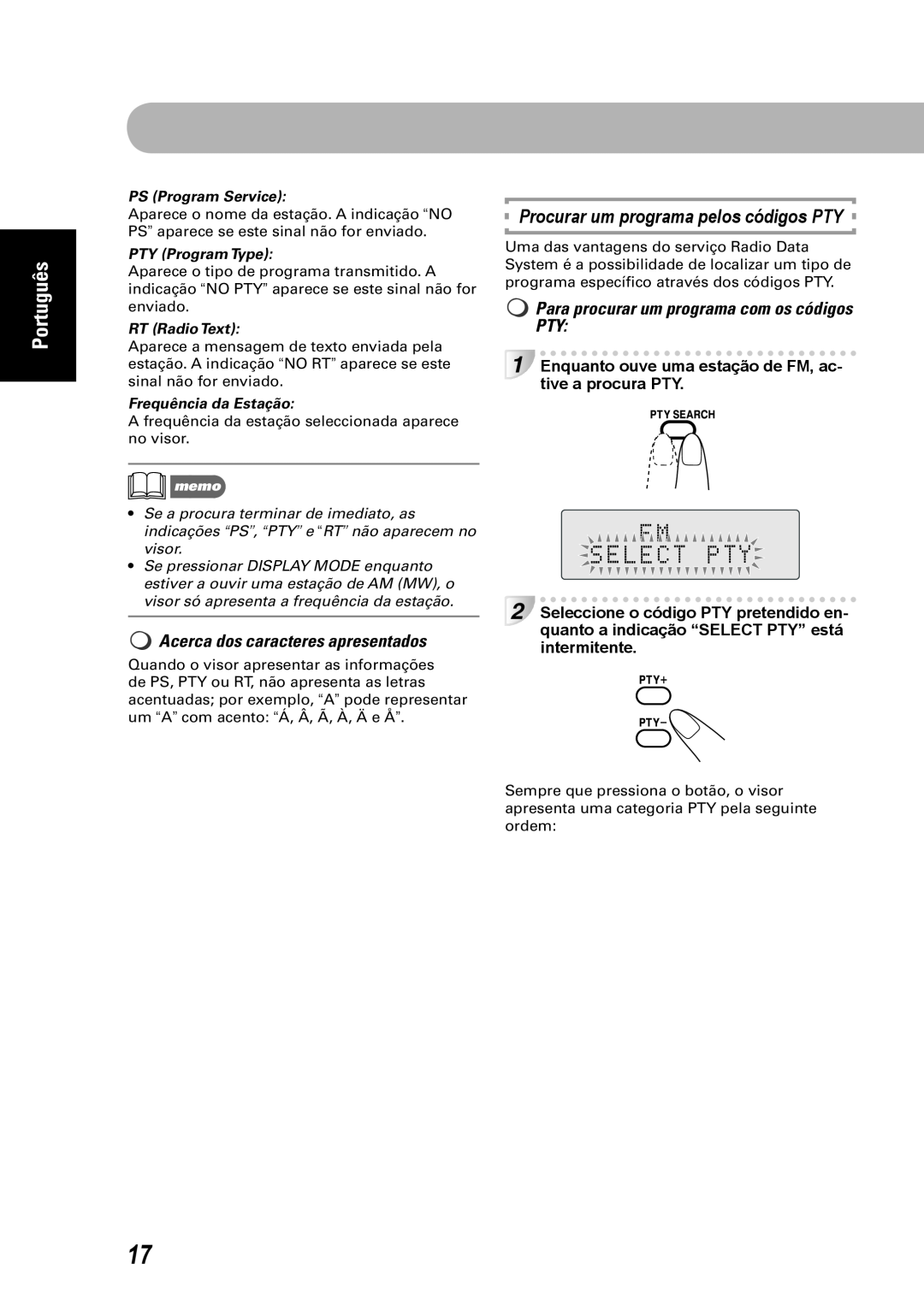JVC SP-UXEP25, CA-UXEP25 manual Procurar um programa pelos códigos PTY, Acerca dos caracteres apresentados, Português 