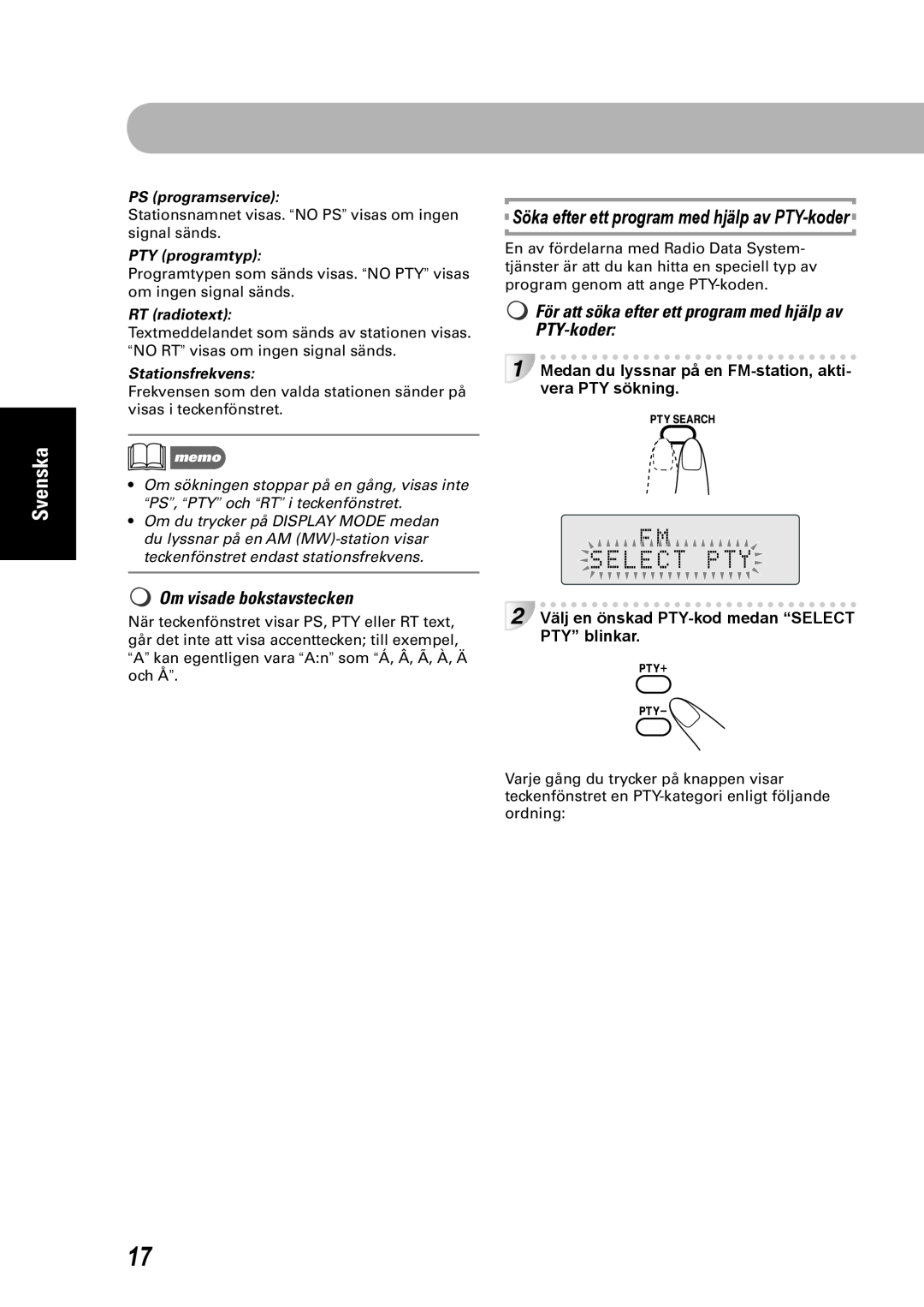 JVC CA-UXEP25 manual Söka efter ett program med hjälp av PTY-koder, Om visade bokstavstecken, Stationsfrekvens, Svenska 