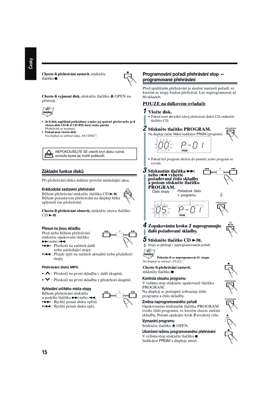 JVC SP-UXG1, CA-UXG1 manual Programování pořadí přehrávání stop programované přehrávání, Základní funkce disků 