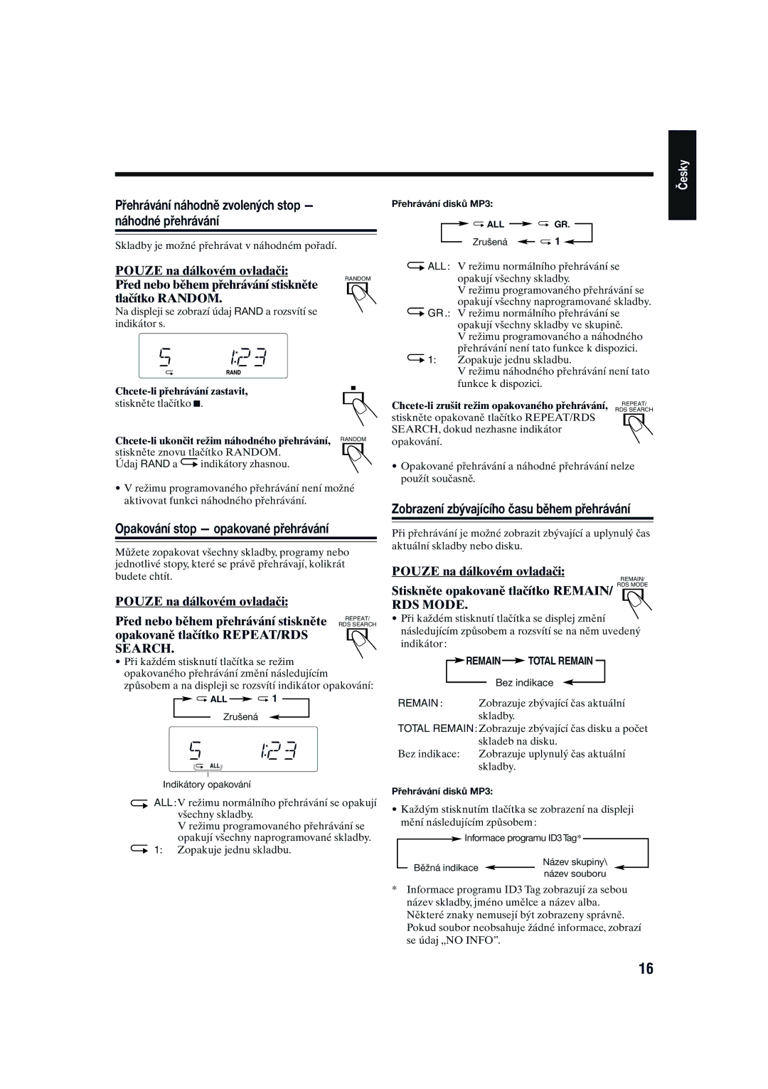 JVC CA-UXG1, SP-UXG1 manual Přehrávání náhodně zvolených stop náhodné přehrávání, Opakování stop opakované přehrávání 