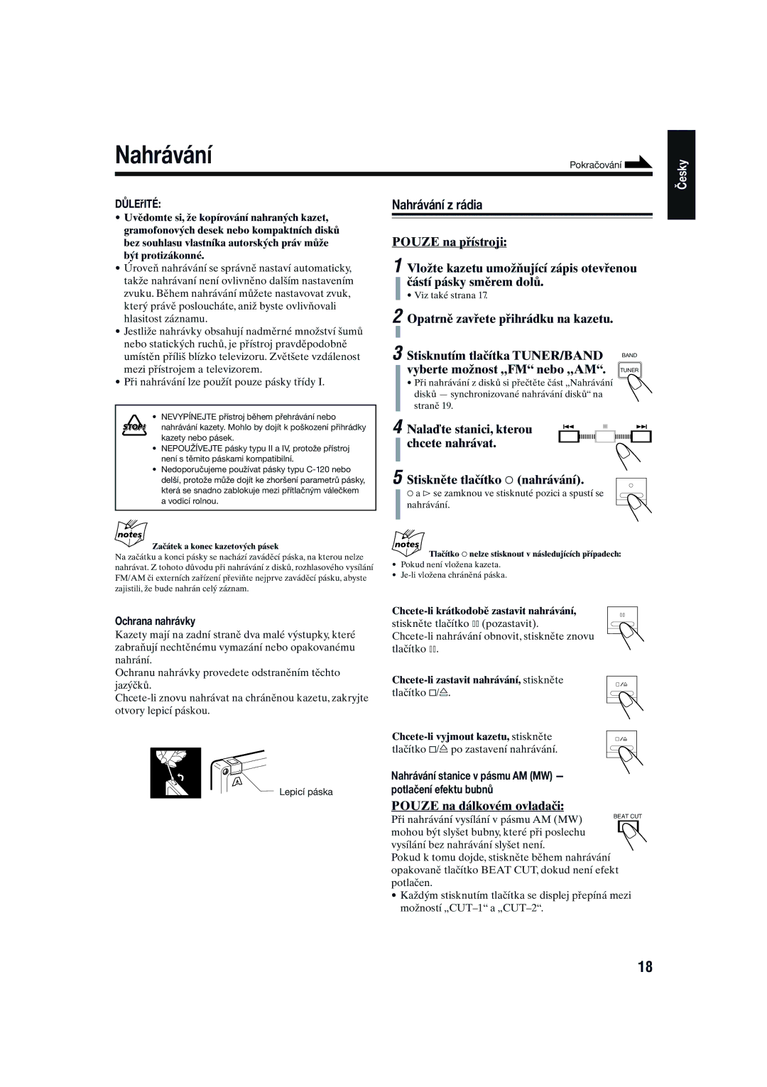 JVC CA-UXG1, SP-UXG1 manual Nahrávání z rádia, Vyberte možnost „FM nebo „AM. Tuner 