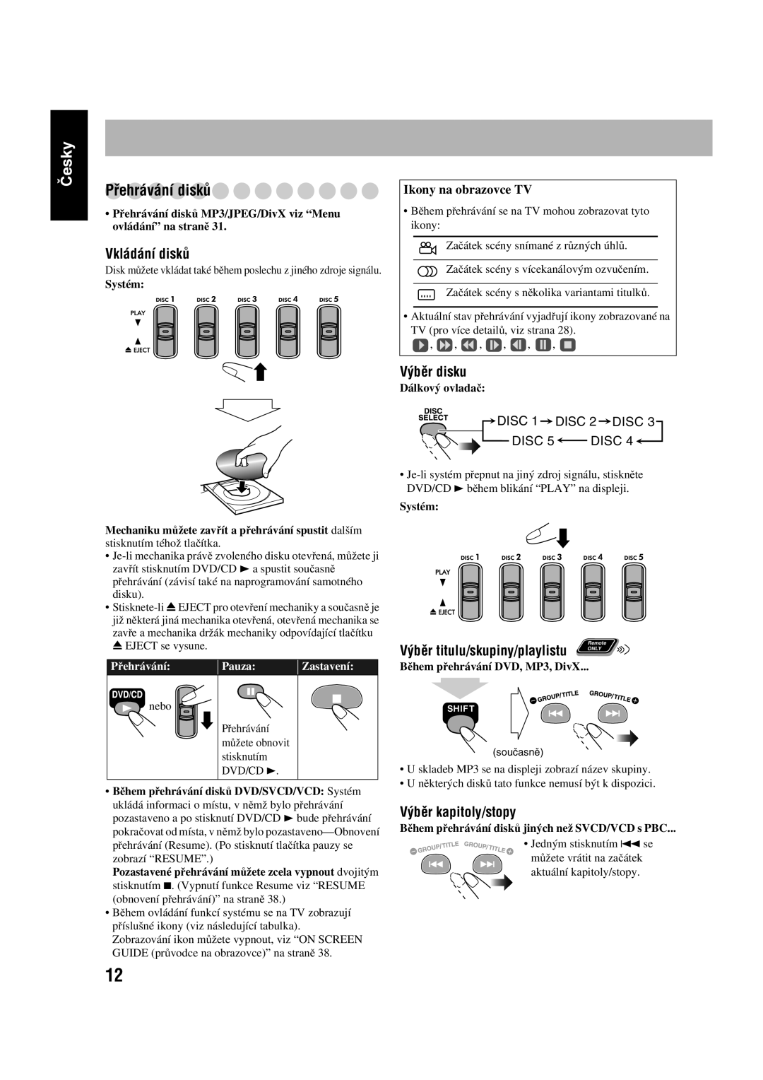 JVC SP-UXGD7 manual Česky Přehrávání disků, Vkládání disků, Výběr disku, Výběr kapitoly/stopy, Řehrávání Pauza Zastavení 