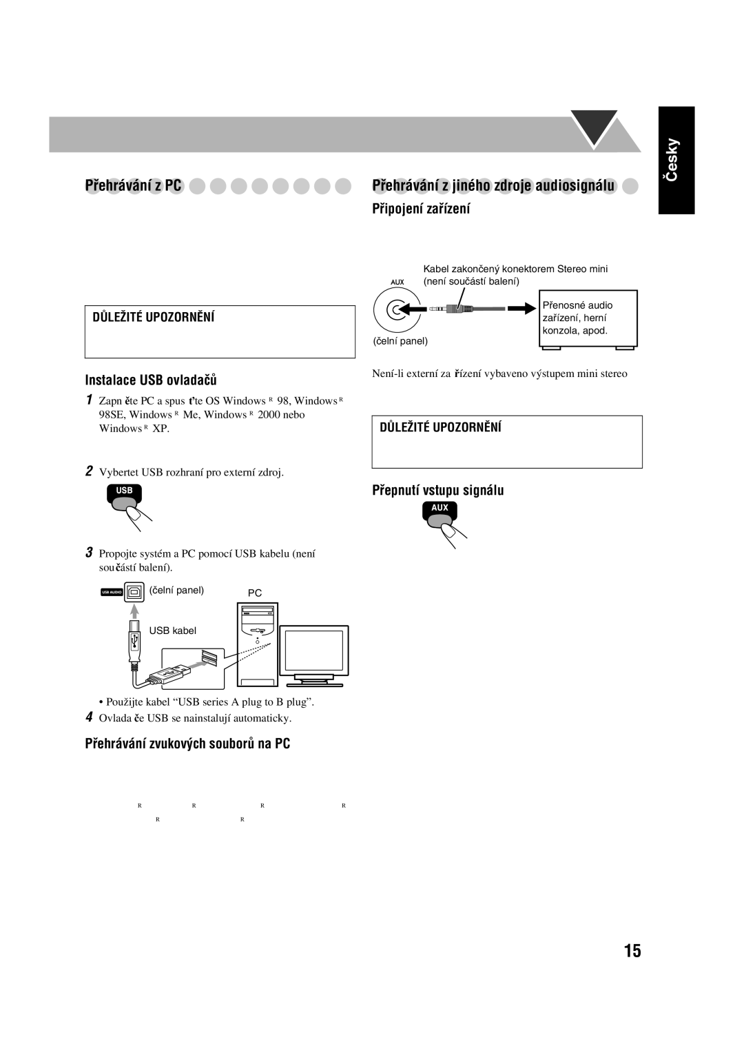 JVC CA-UXGD7, SP-UXGD7 manual Přehrávání z PC, Přehrávání z jiného zdroje audiosignálu 