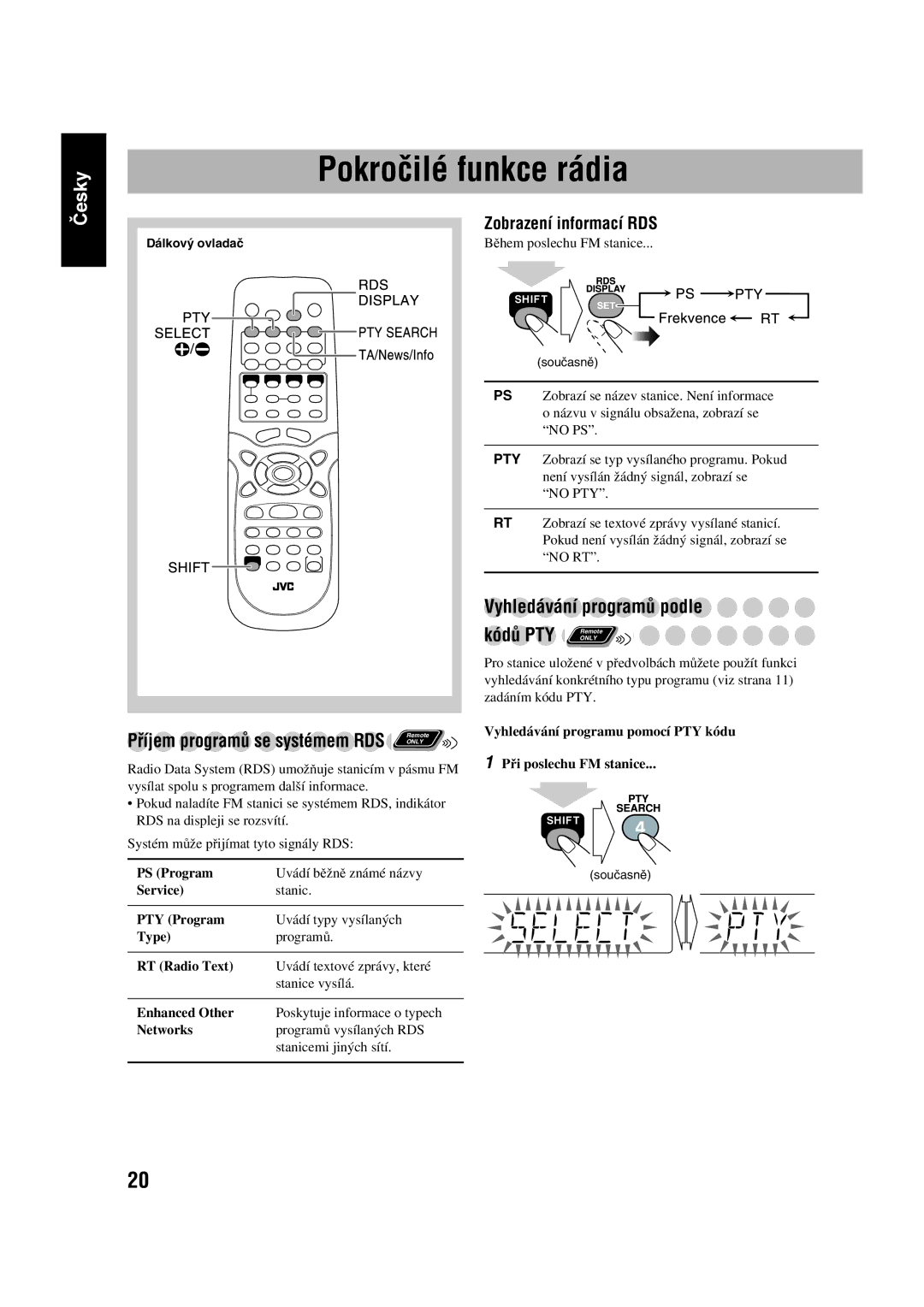 JVC SP-UXGD7, CA-UXGD7 manual Pokročilé funkce rádia, Vyhledávání programů podle, Zobrazení informací RDS 