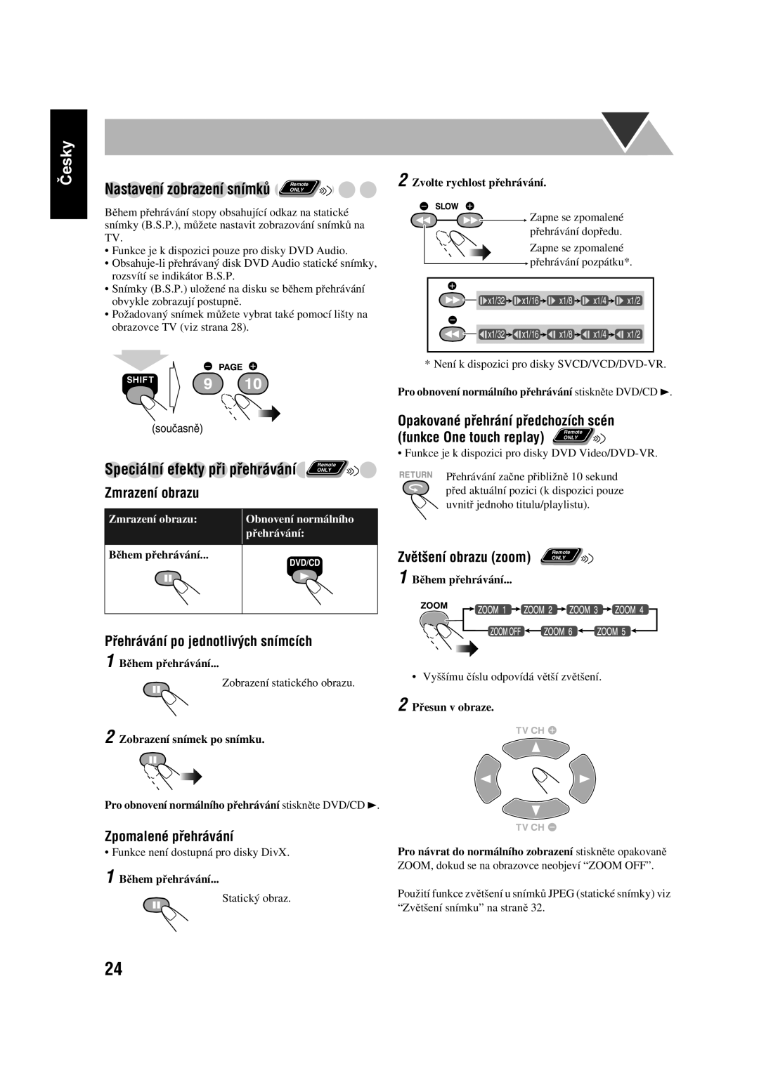 JVC SP-UXGD7, CA-UXGD7 manual Opakované přehrání předchozích scén, Přehrávání po jednotlivých snímcích, Zpomalené přehrávání 