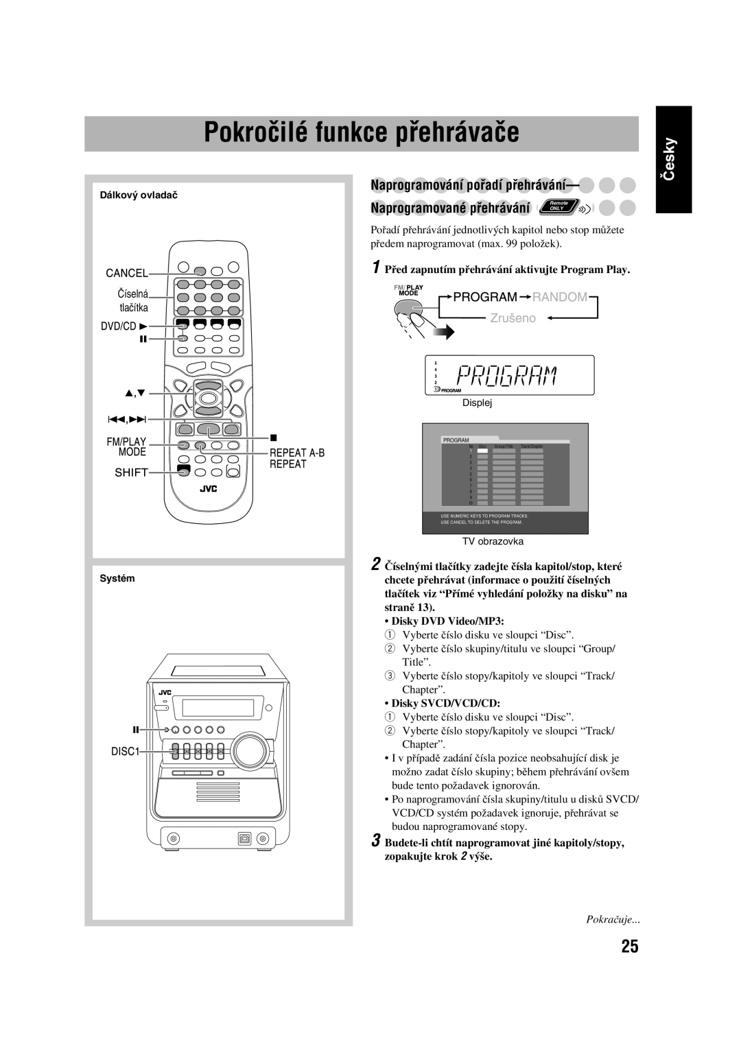 JVC CA-UXGD7, SP-UXGD7 manual Pokročilé funkce přehrávače, Naprogramování pořadí přehrávání, Disky SVCD/VCD/CD 