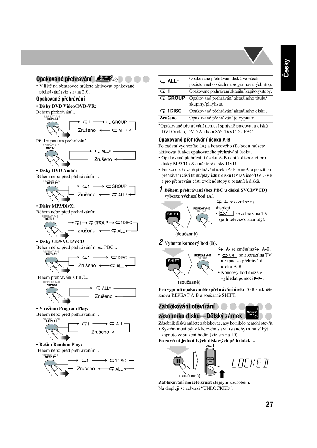 JVC CA-UXGD7, SP-UXGD7 manual Zablokování otevírání, Opakované přehrávání úseku A-B 