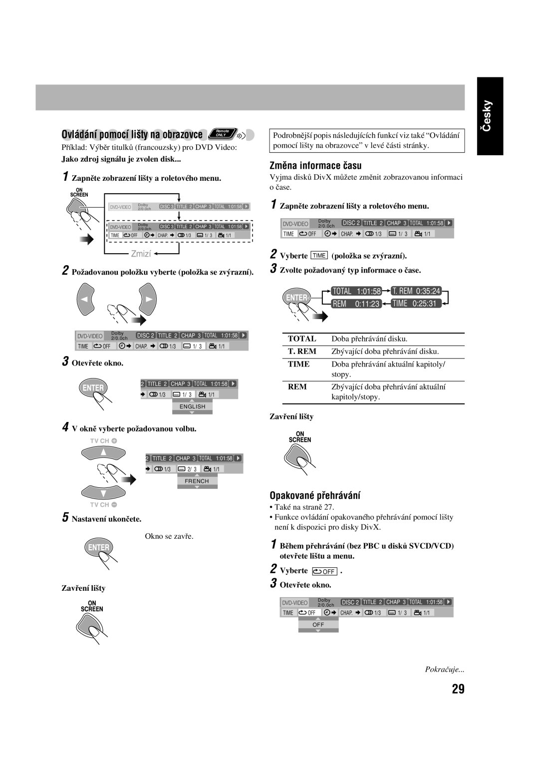 JVC CA-UXGD7, SP-UXGD7 manual Změna informace času, Opakované přehrávání 