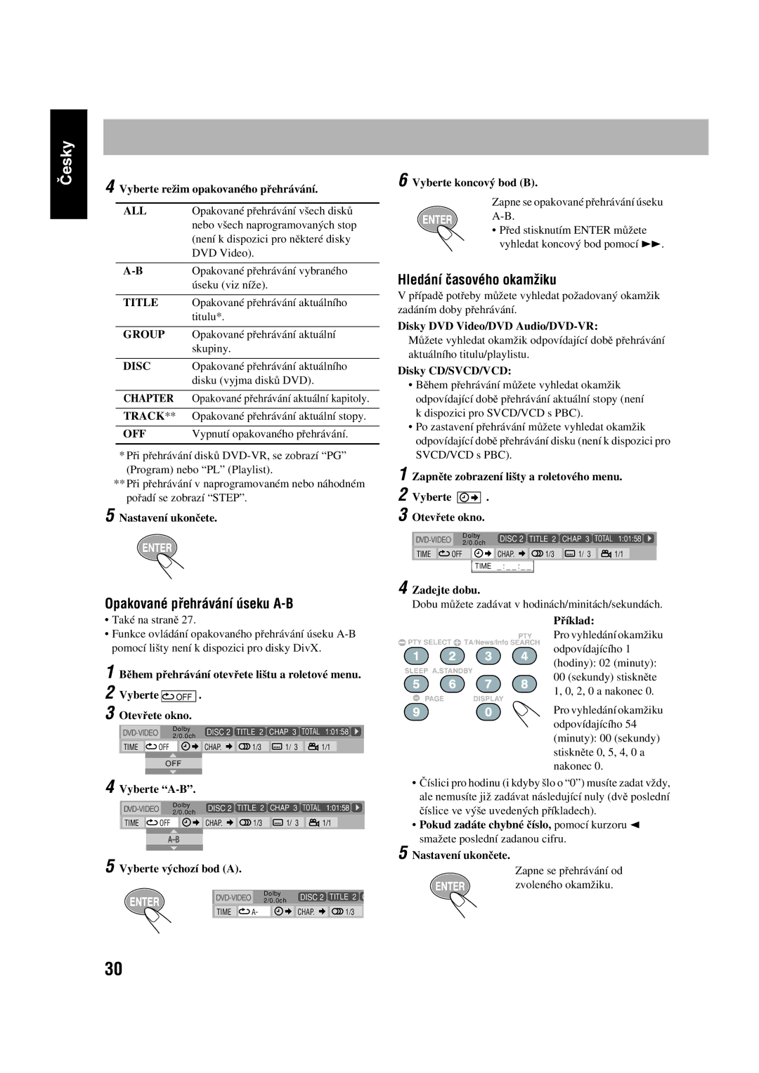 JVC SP-UXGD7, CA-UXGD7 manual Opakované přehrávání úseku A-B, Hledání časového okamžiku 