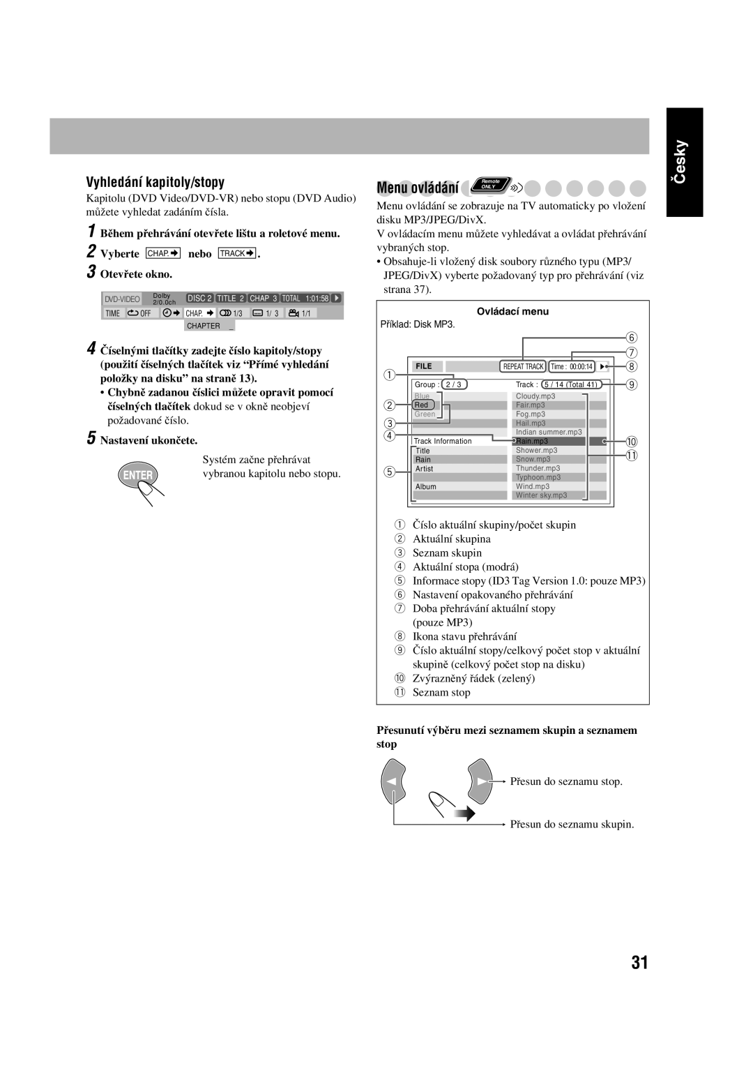 JVC CA-UXGD7, SP-UXGD7 manual Vyhledání kapitoly/stopy, Menu ovládání, Přesunutí výběru mezi seznamem skupin a seznamem stop 