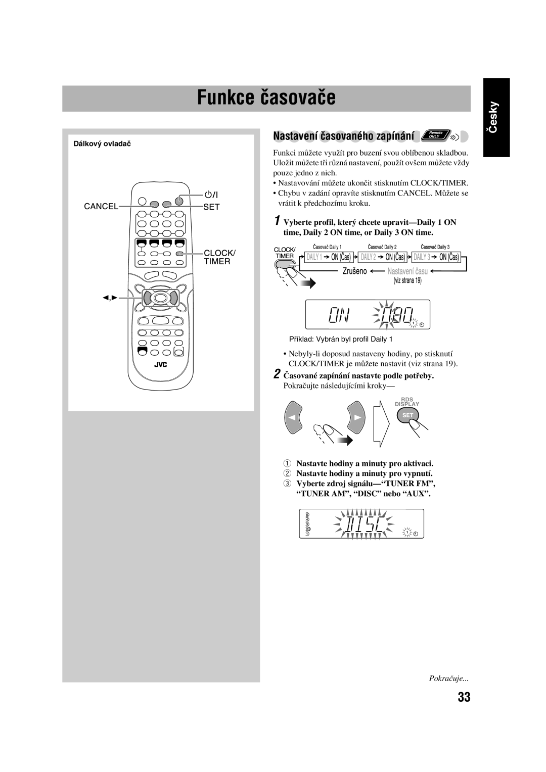 JVC CA-UXGD7, SP-UXGD7 manual Funkce časovače, Nastavení časovaného zapínání, Časované zapínání nastavte podle potřeby 