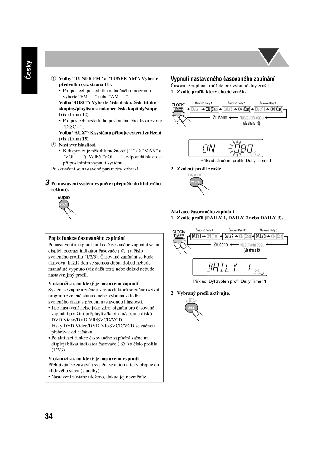 JVC SP-UXGD7, CA-UXGD7 manual Vypnutí nastaveného časovaného zapínání, Popis funkce časovaného zapínání 