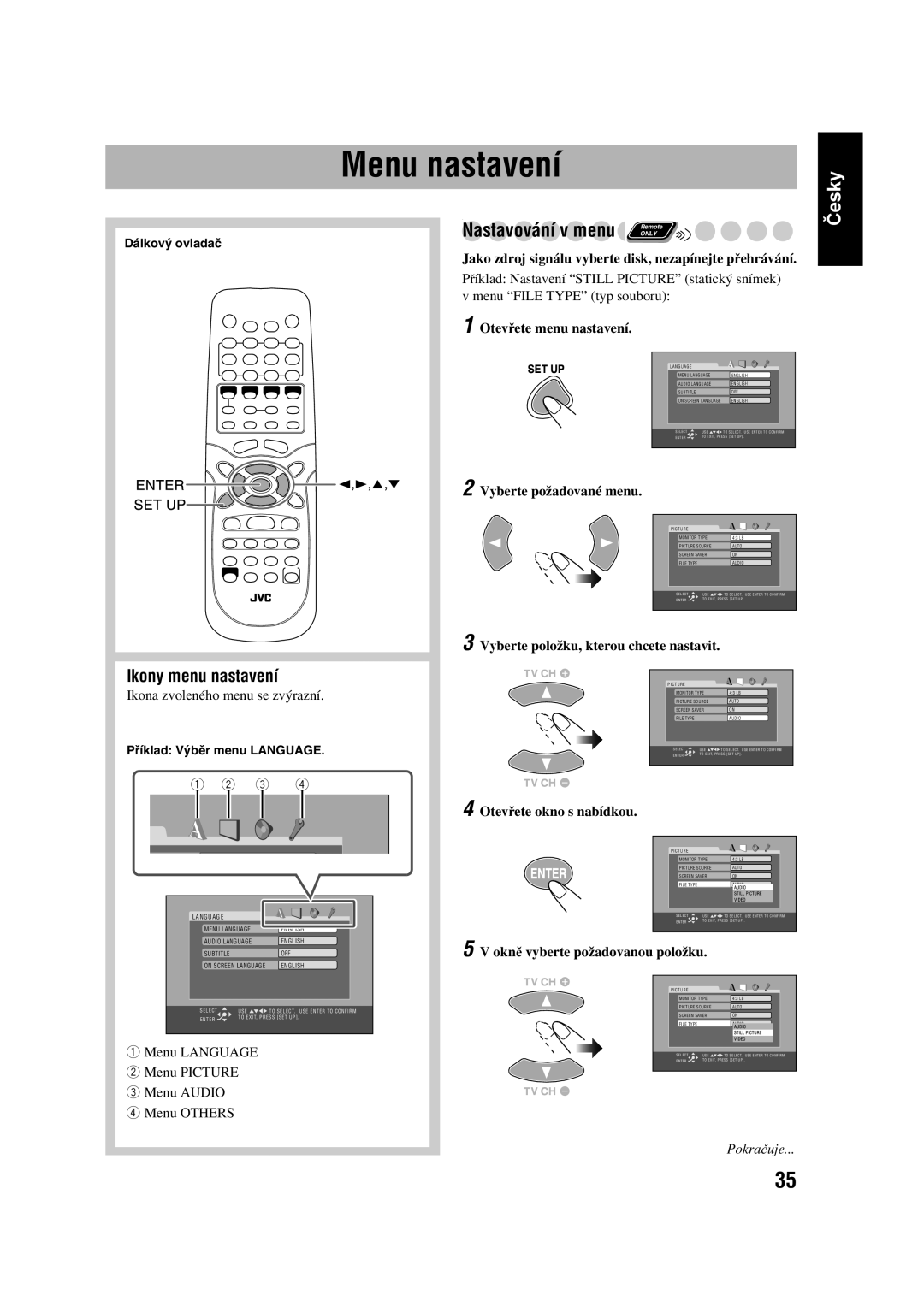 JVC CA-UXGD7, SP-UXGD7 manual Menu nastavení, Nastavování v menu, Ikony menu nastavení, Otev řete okno s nabídkou 