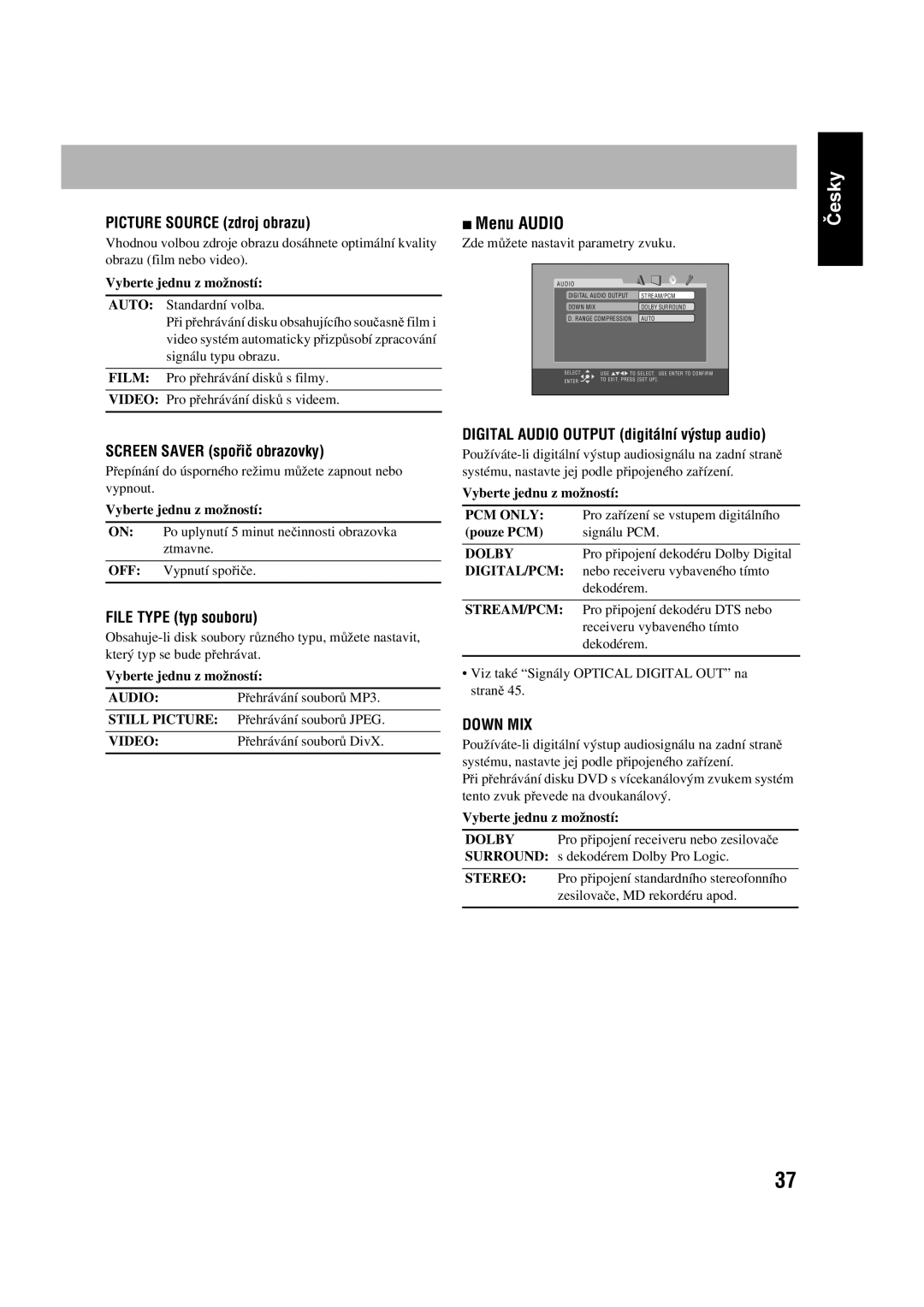 JVC CA-UXGD7, SP-UXGD7 manual Menu Audio, Picture Source zdroj obrazu, Screen Saver spořič obrazovky, File Type typ souboru 