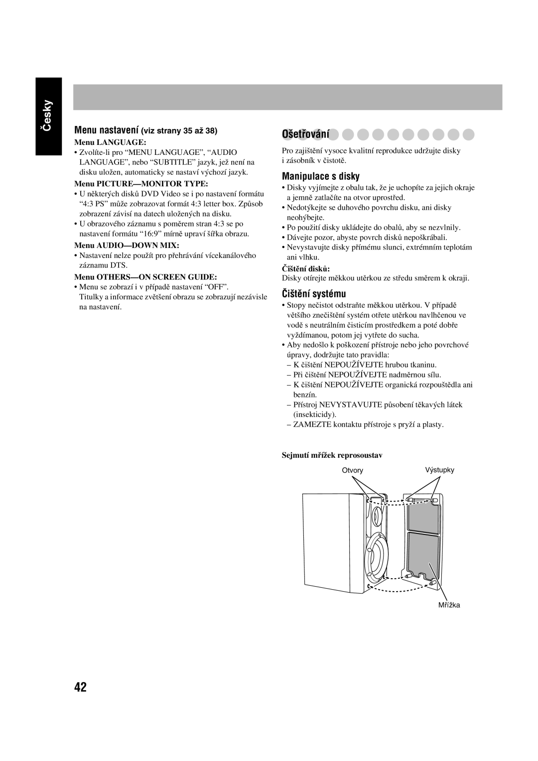 JVC SP-UXGD7, CA-UXGD7 manual Ošetřování, Manipulace s disky, Čištění systému 