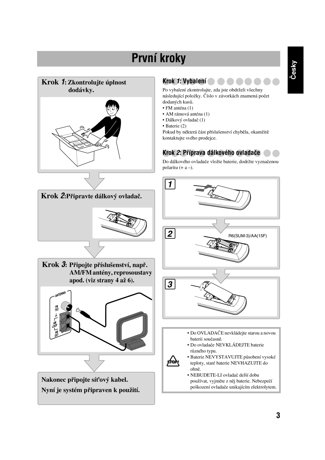 JVC CA-UXGD7, SP-UXGD7 manual První kroky, Krok 1 Vybalení, Krok 2 Příprava dálkového ovladače 