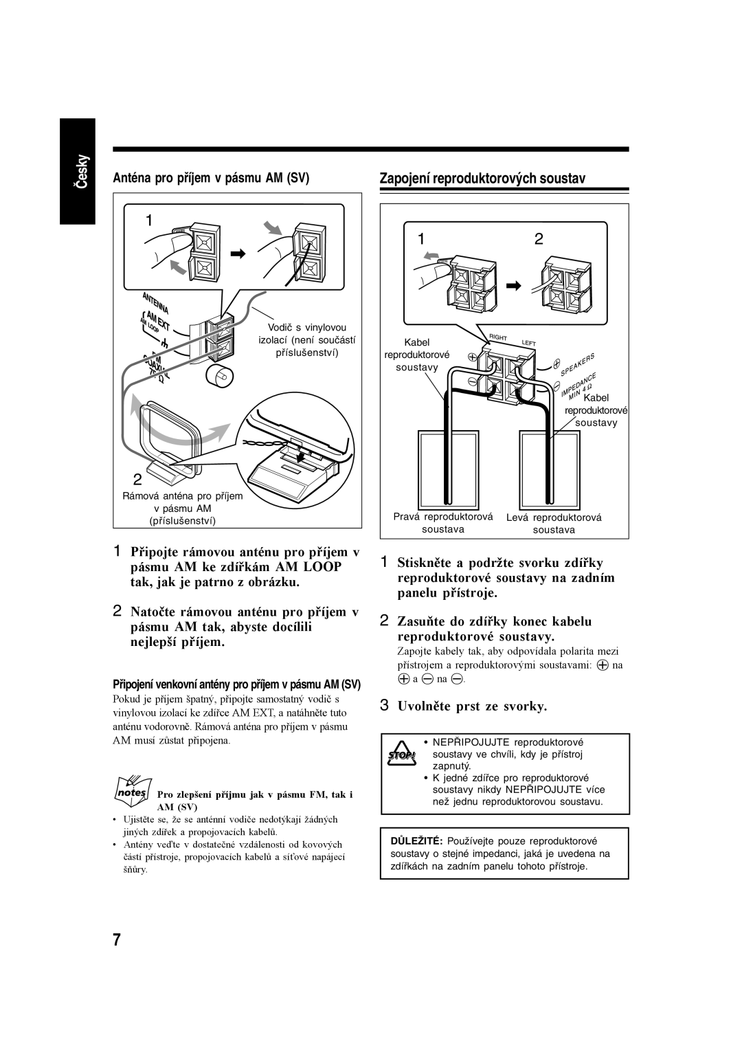 JVC SP-UXH35, CA-UXH35, CA-UXH30 manual Anténa pro příjem v pásmu AM SV, Zapojení reproduktorových soustav 