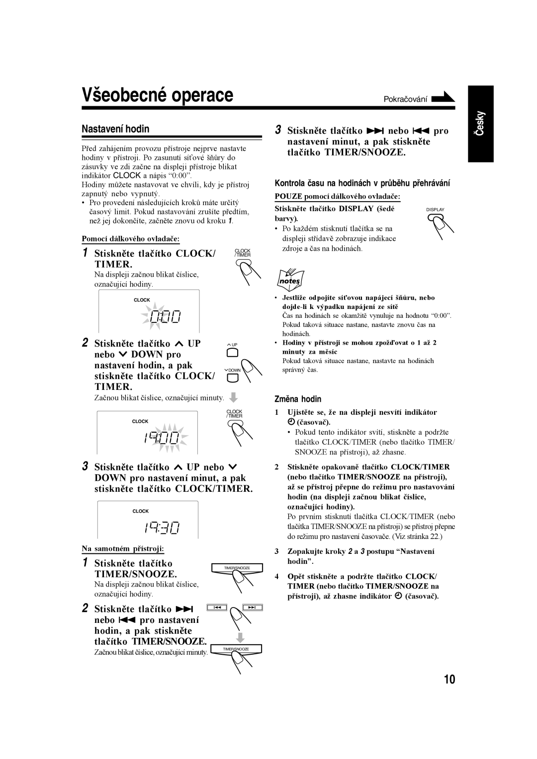 JVC SP-UXH35, CA-UXH35, CA-UXH30 manual Všeobecné operace, Nastavení hodin 