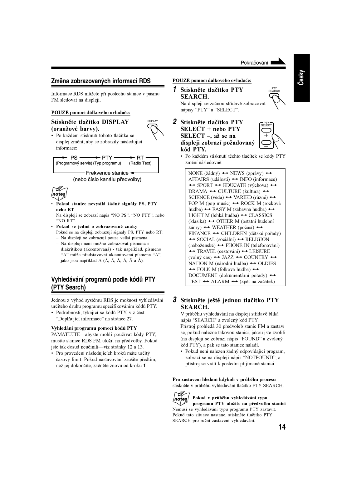 JVC CA-UXH35, SP-UXH35, CA-UXH30 manual Vyhledávání programů podle kódů PTY PTY Search, Změna zobrazovaných informací RDS 