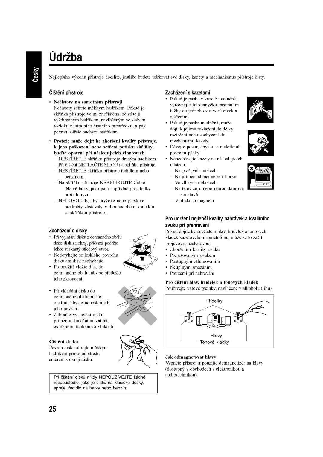 JVC SP-UXH35, CA-UXH35, CA-UXH30 manual Údržba, Čištění přístroje, Zacházení s kazetami, Zacházení s disky 