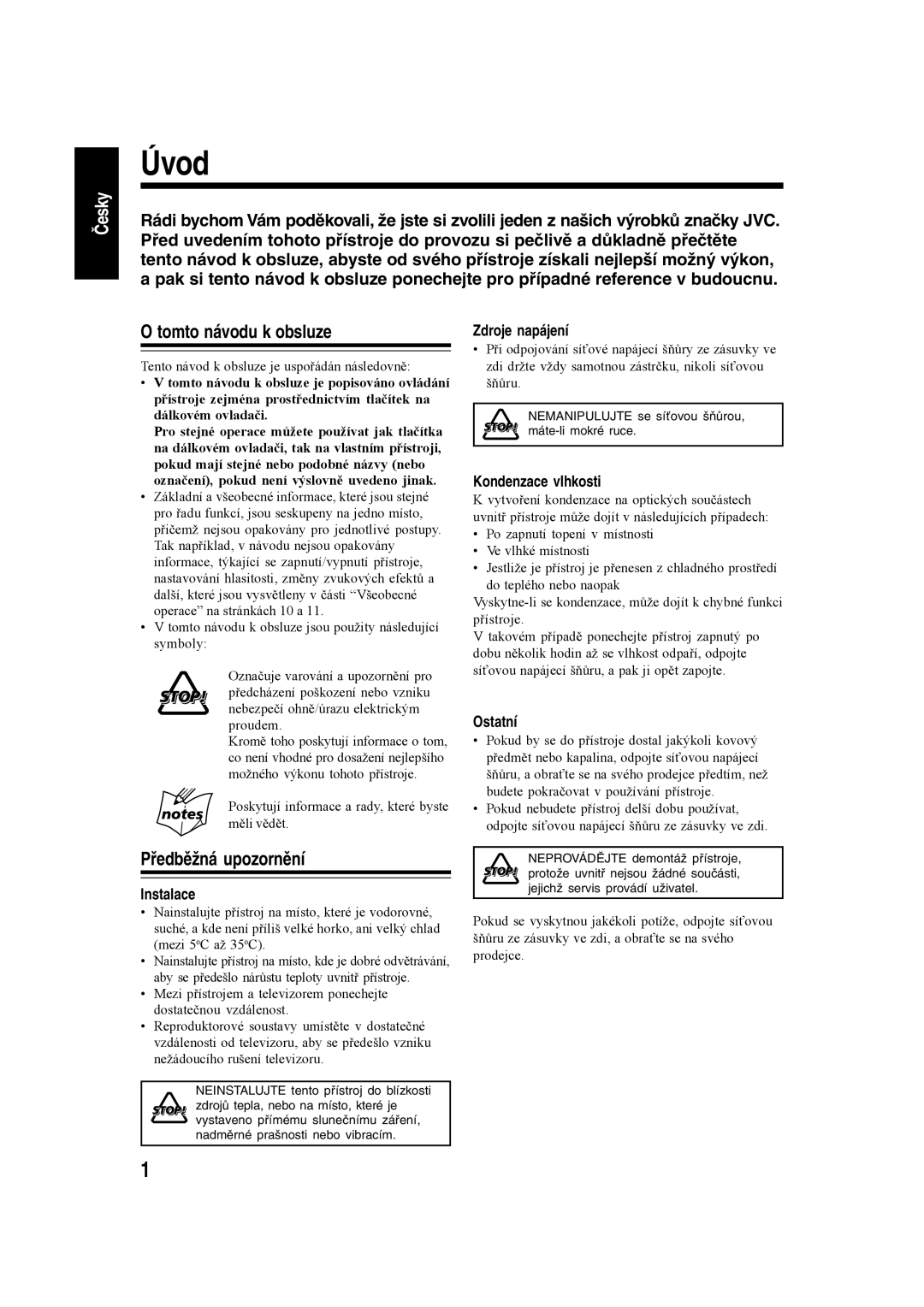 JVC SP-UXH35, CA-UXH35, CA-UXH30 manual Úvod, Tomto návodu k obsluze, Předběžná upozornění 