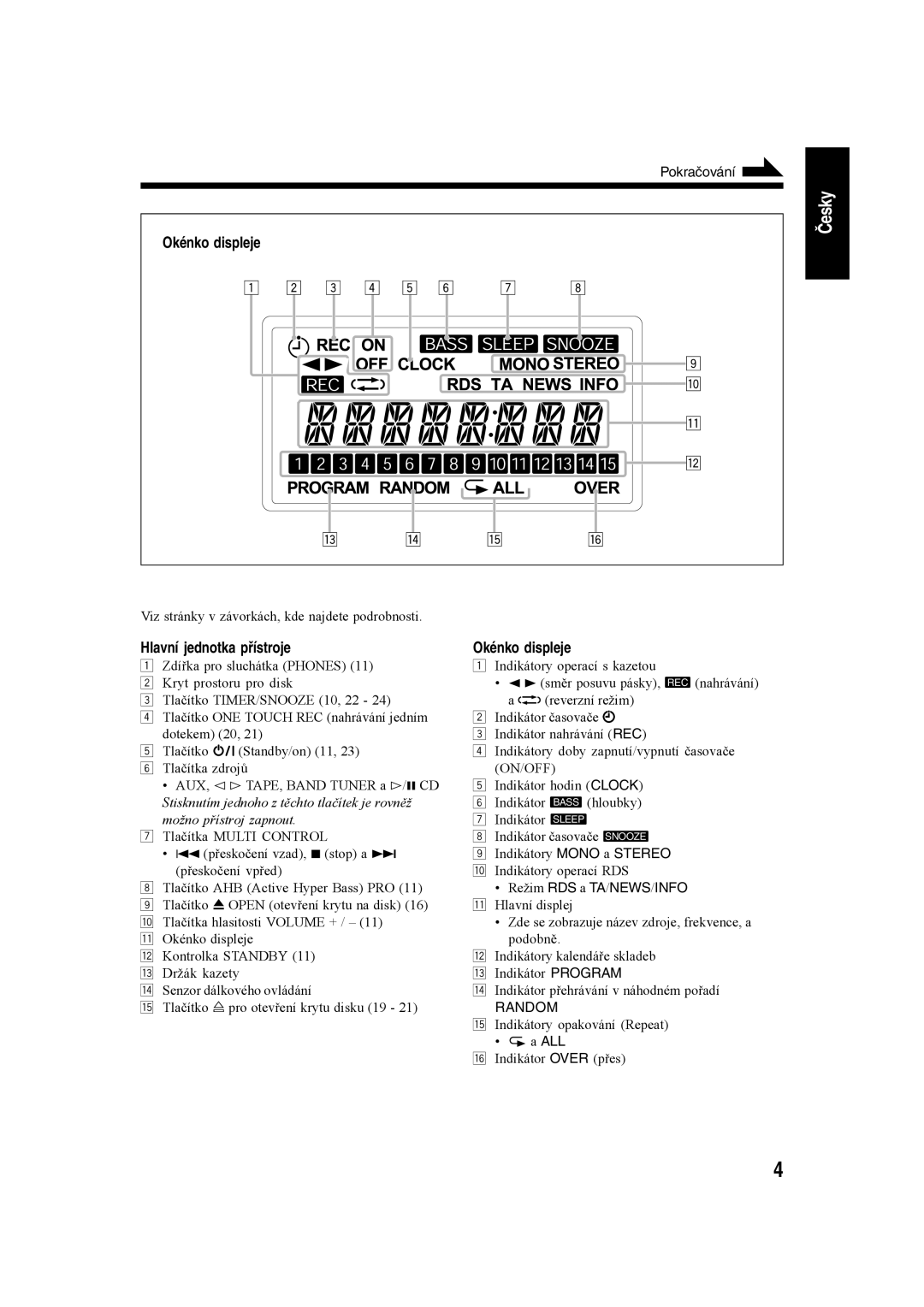 JVC SP-UXH35, CA-UXH35, CA-UXH30 manual Okénko displeje, Hlavní jednotka přístroje 