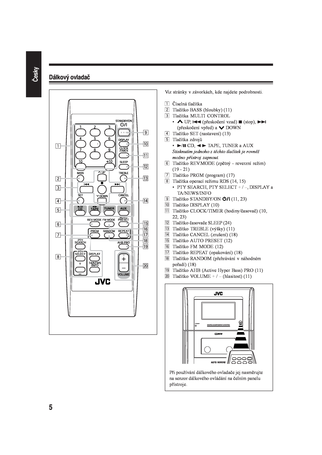 JVC CA-UXH35, SP-UXH35 manual Česky, Dálkový ovladač, Stisknutím jednoho z těchto tlačítek je rovněž, možno přístroj zapnout 