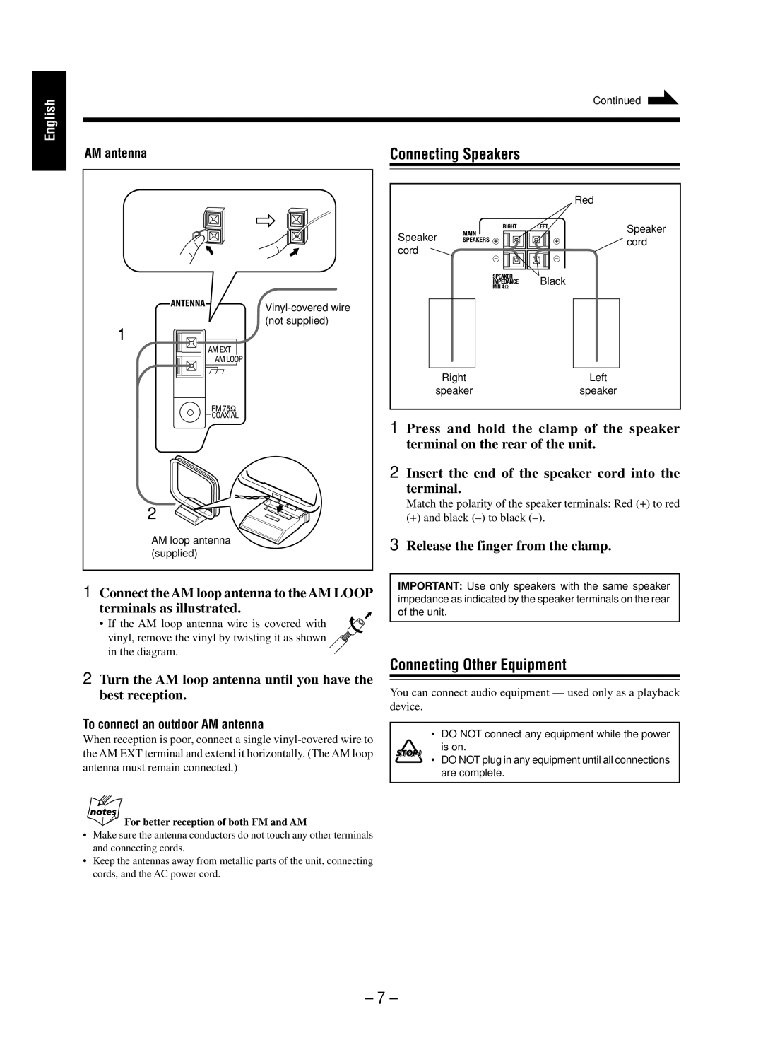 JVC SP-UXP38V, A-UXP38V Connecting Speakers, Connecting Other Equipment, Release the finger from the clamp, AM antenna 