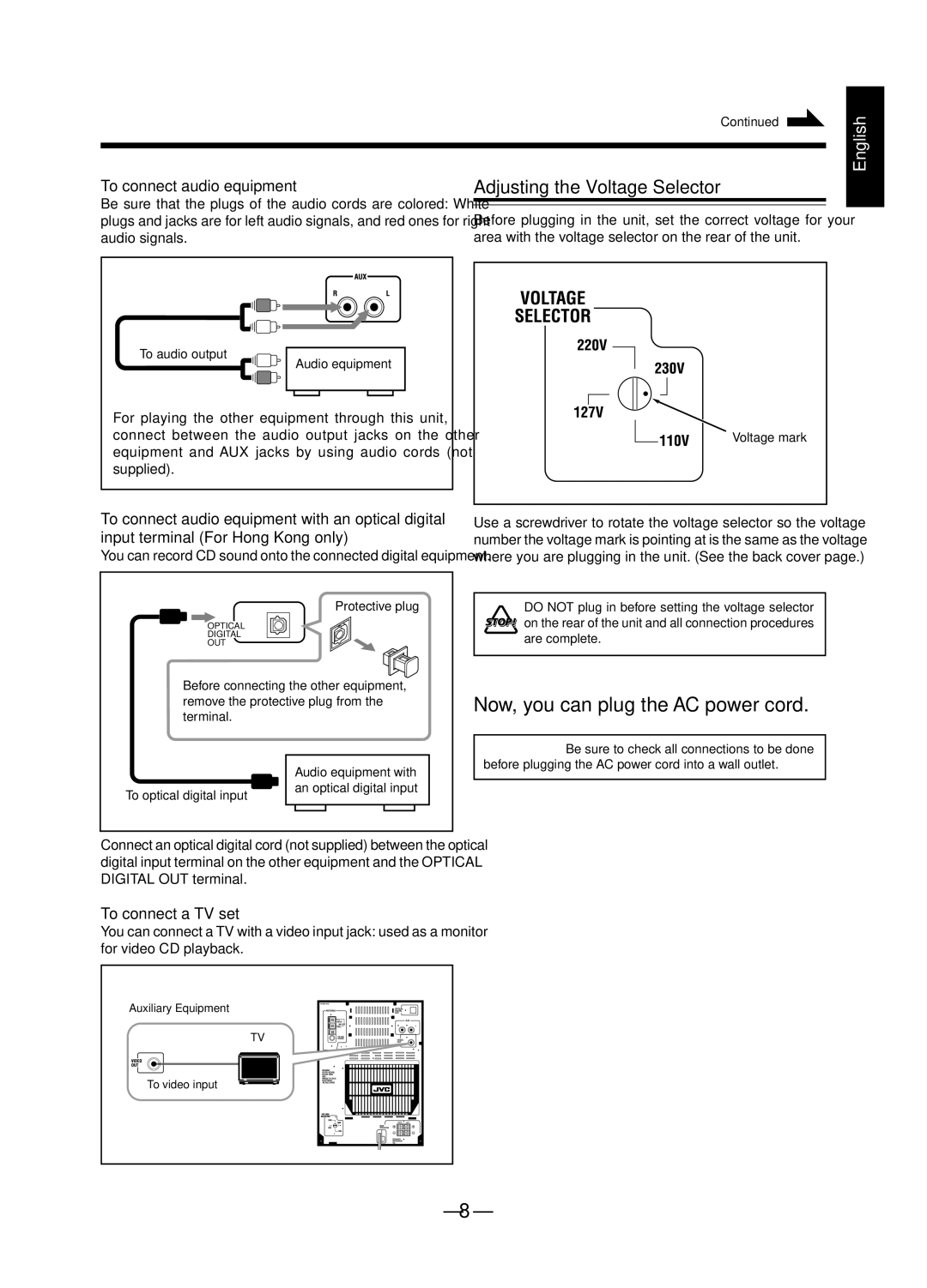 JVC A-UXP38V, SP-UXP38V manual Adjusting the Voltage Selector, To connect audio equipment, Input terminal For Hong Kong only 