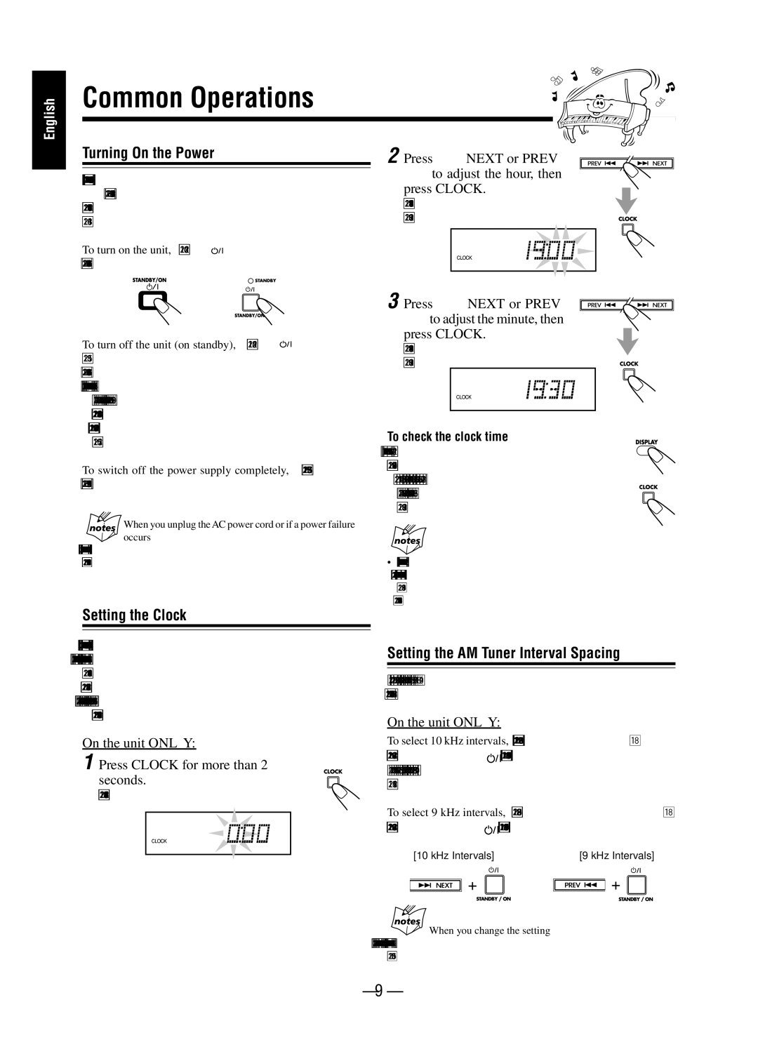 JVC SP-UXP38V, A-UXP38V Common Operations, Turning On the Power, Setting the Clock, Setting the AM Tuner Interval Spacing 