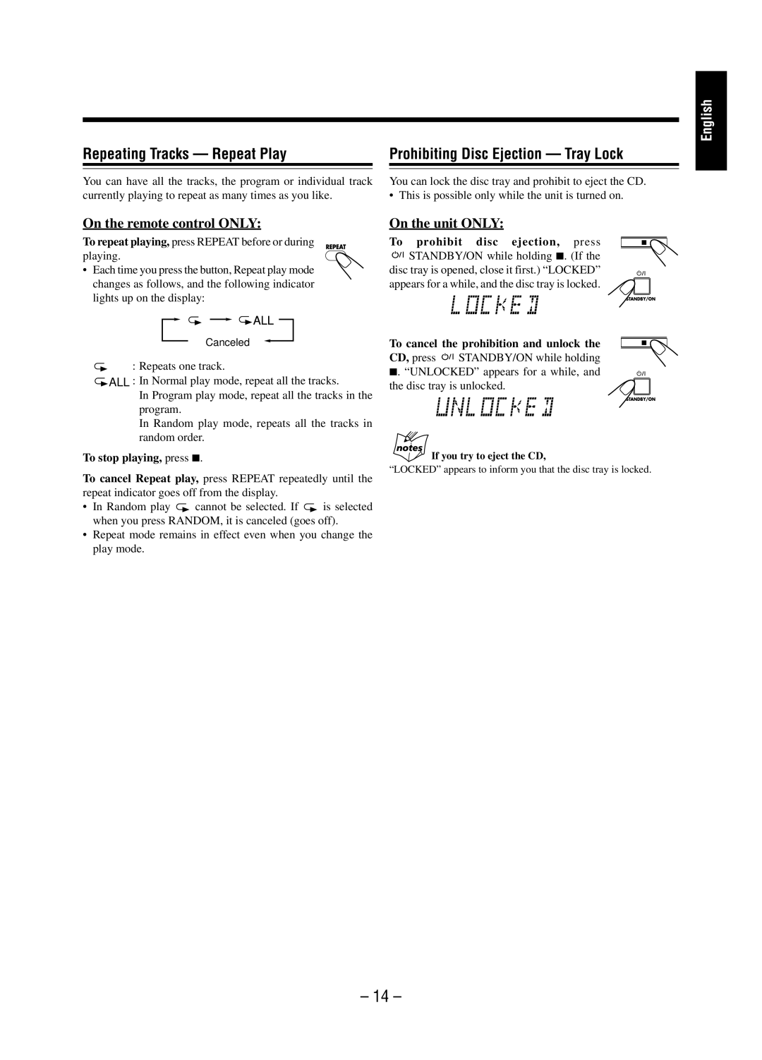 JVC A-UXP38V, SP-UXP38V To prohibit disc ejection, press, To cancel the prohibition and unlock, If you try to eject the CD 